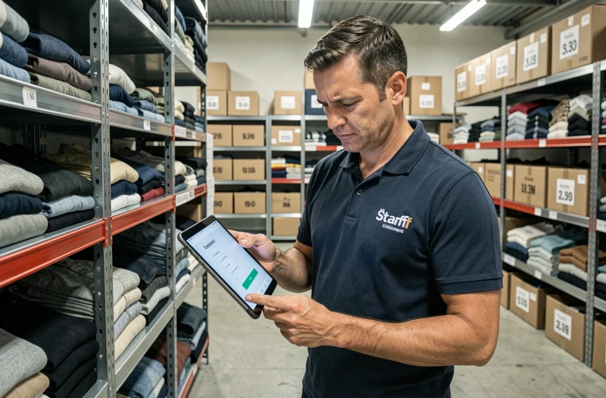 Employé d'entrepôt de vêtements consultant un portail de connexion e-habillement sur une tablette