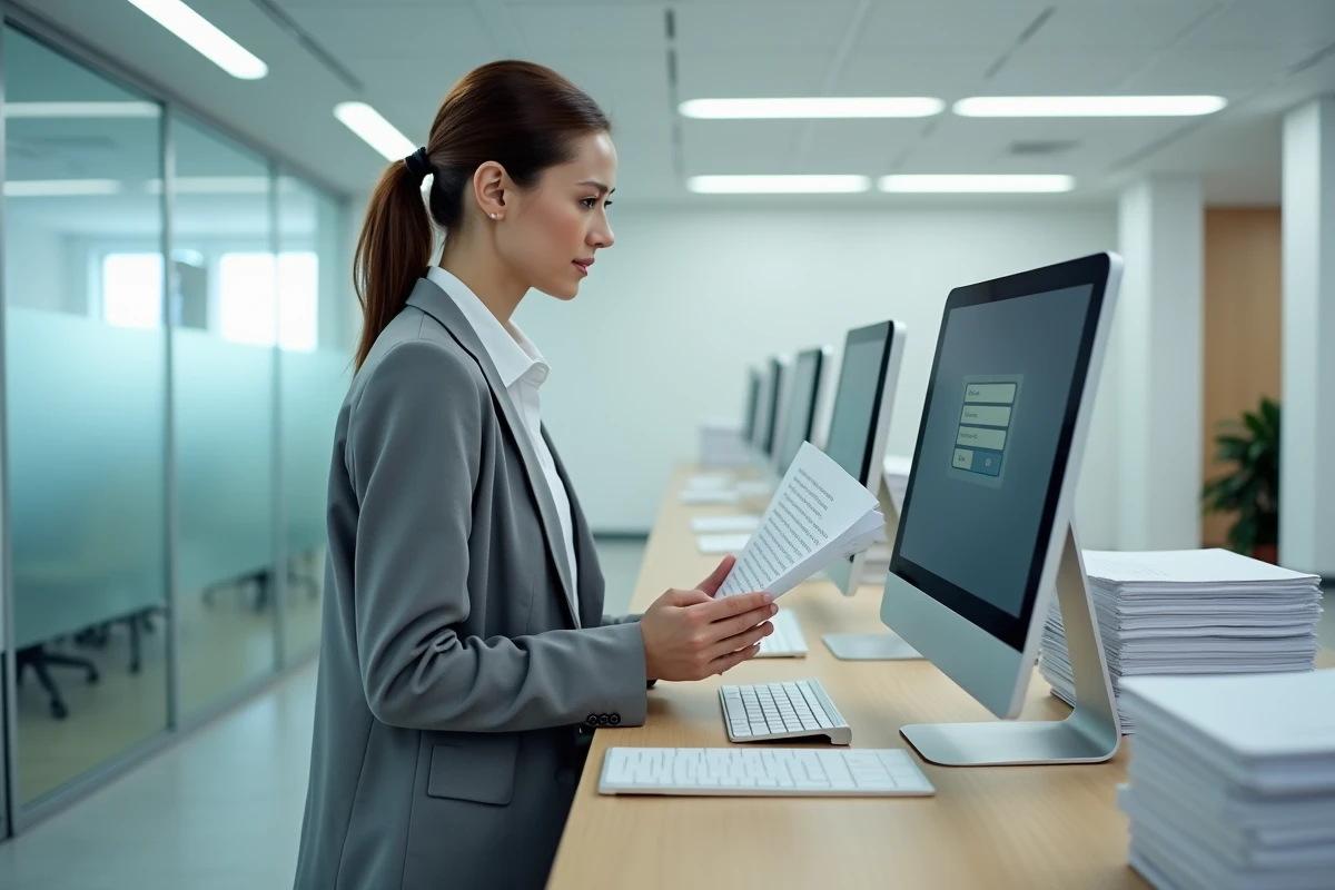 Femme consultant un formulaire de connexion s&eacute;curis&eacute; dans un bureau administratif