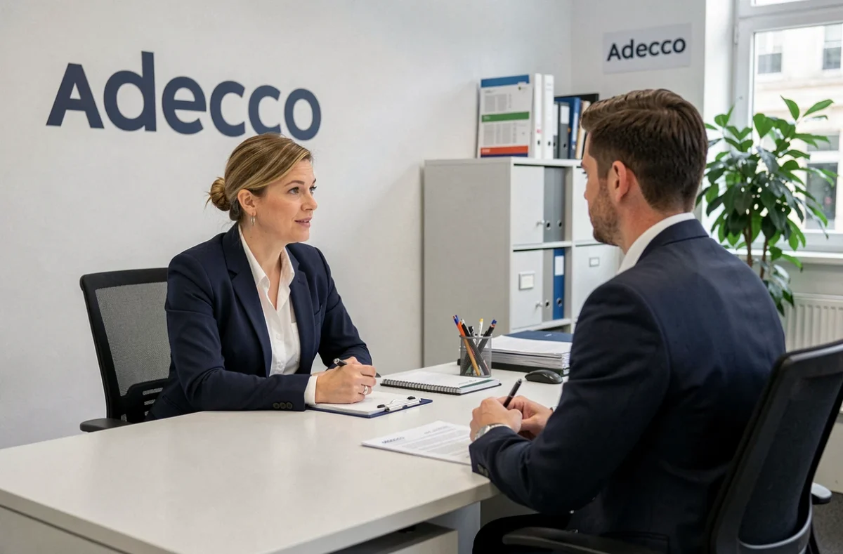 Recruteuse Adecco en entretien avec un candidat dans une agence Adecco des Pays de la Loire