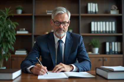 Administrateur en costume navy dans un bureau moderne