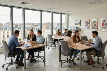 Vue panoramique d'une agence d'intérim moderne dans les Pays de la Loire avec des recruteurs et des candidats en entretien