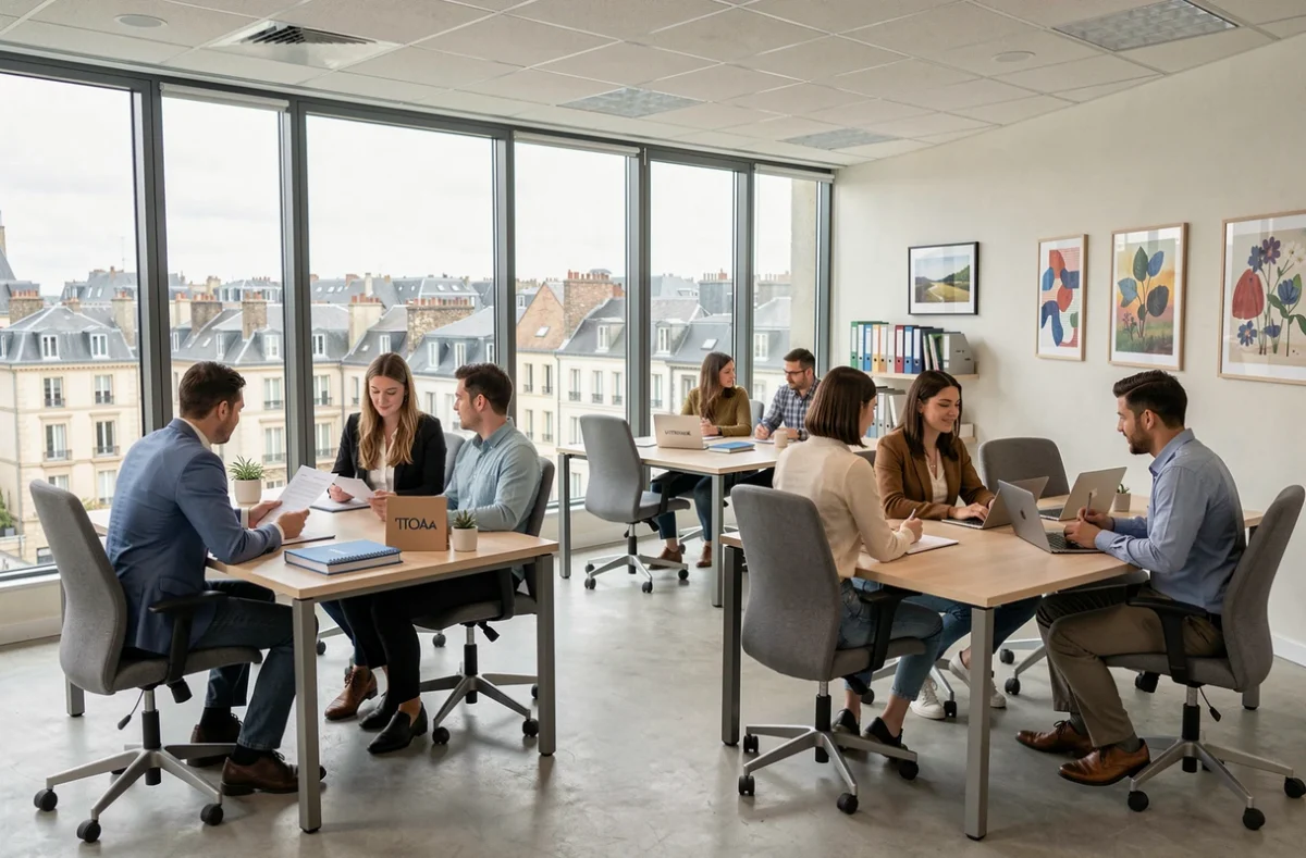 Vue panoramique d'une agence d'intérim moderne dans les Pays de la Loire avec des recruteurs et des candidats en entretien