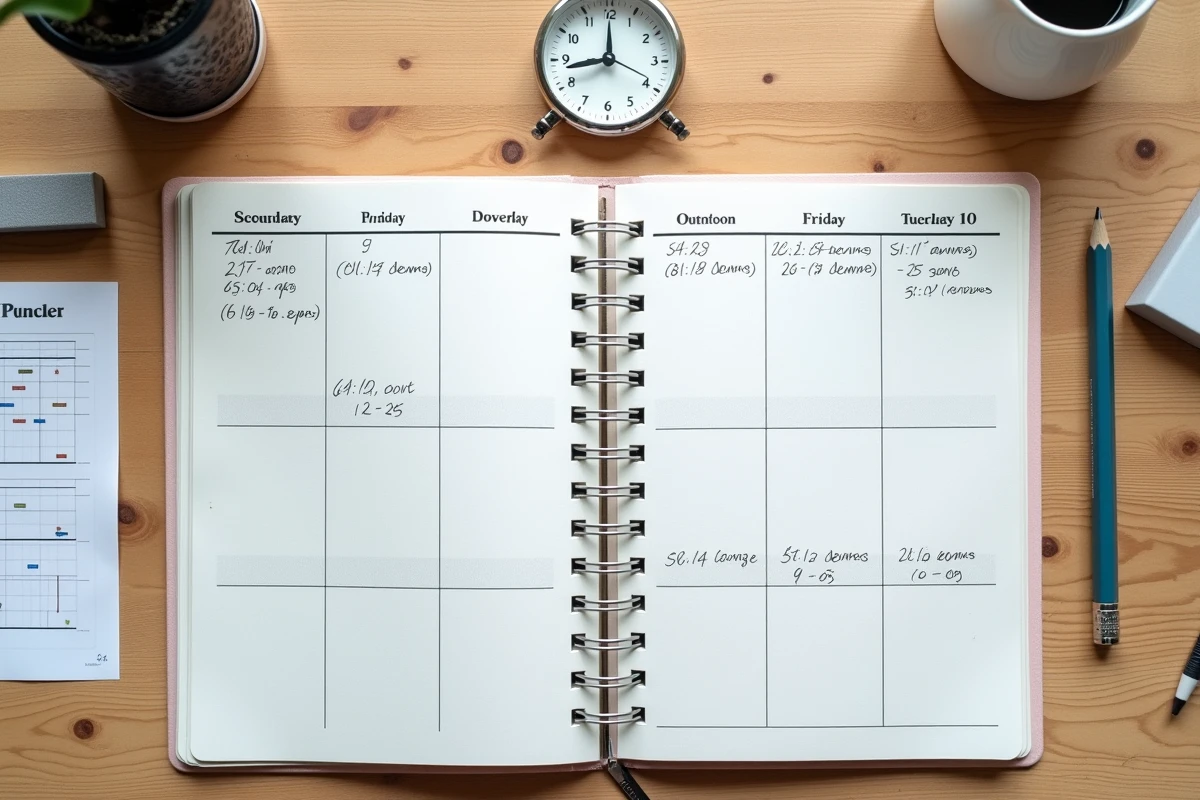 Vue de dessus d'un agenda ouvert avec calculs d'heures entre dates écrits à la main, horloge de bureau et feuille de planning imprimée sur bureau en bois