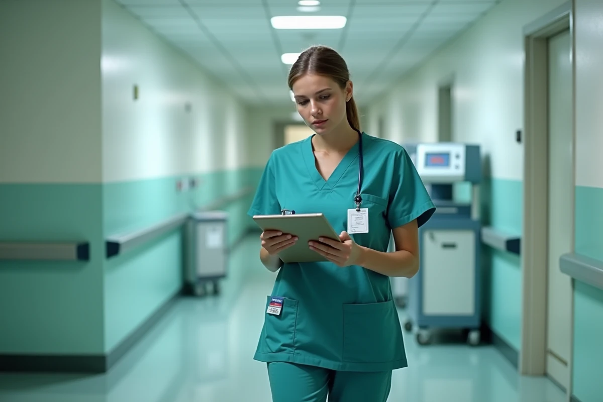 Agent hospitalier de catégorie C en tenue de travail poussant un chariot dans un couloir d'hôpital public