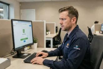 Agent de La Poste en uniforme bleu face à un écran affichant une page de réinitialisation de mot de passe sur le portail GTA