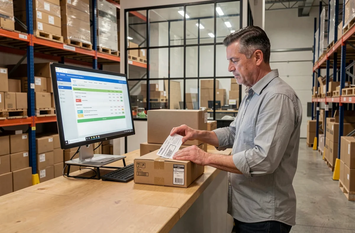 Agent logistique consultant le portail des douanes Prodouane depuis un bureau d'entrepôt