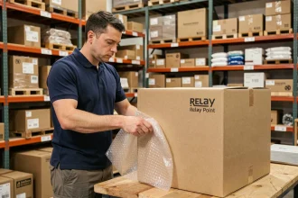 Agent d'un point relais Mondial Relay emballant un colis volumineux et fragile avec du papier bulle au comptoir