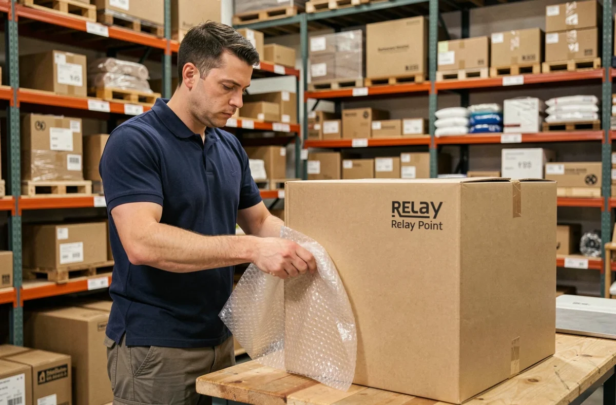 Agent d'un point relais Mondial Relay emballant un colis volumineux et fragile avec du papier bulle au comptoir