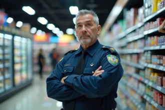 Agent de sécurité en uniforme bleu marine surveillant un rayon de supermarché, illustrant la prévention du vol en magasin