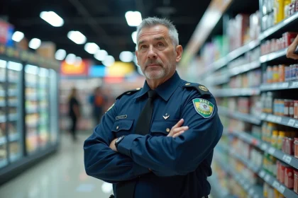 Agent de sécurité en uniforme bleu marine surveillant un rayon de supermarché, illustrant la prévention du vol en magasin