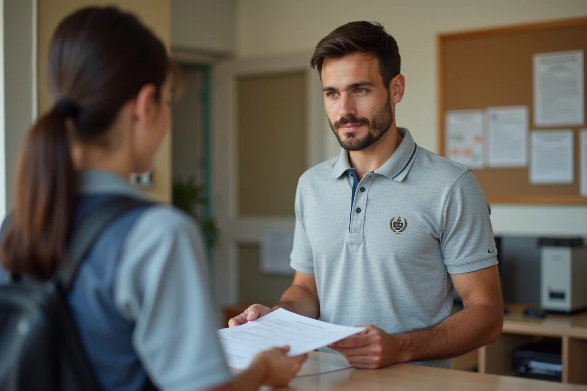 Agent territorial de catégorie C dans une mairie remettant un document administratif au guichet