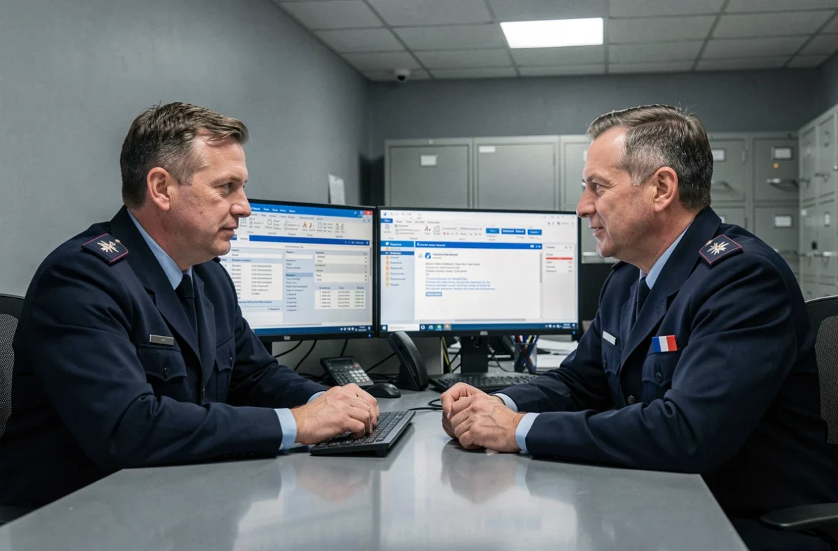 Deux agents des douanes français utilisant le portail Prodouane dans un bureau administratif officiel