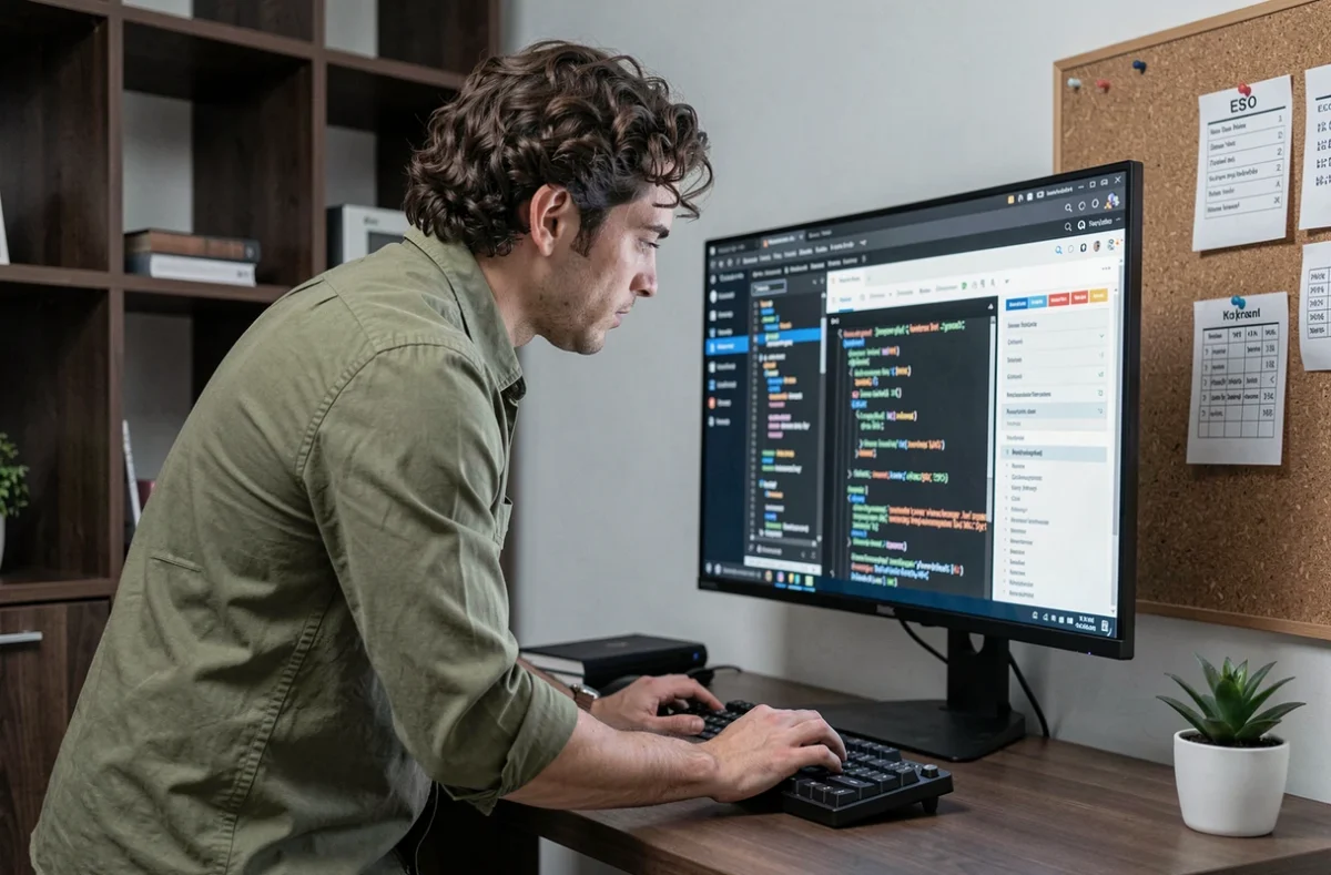 Développeur SEO d'Alexeo analysant un audit technique de référencement sur un écran ultrawide