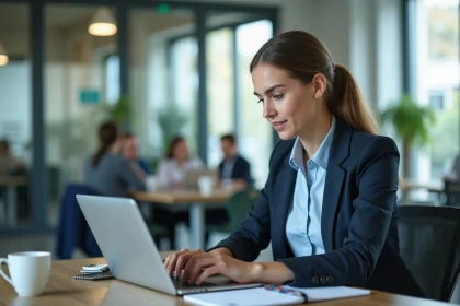Jeune alternante BNP Paribas naviguant sur le portail RH Alis depuis son bureau en open space