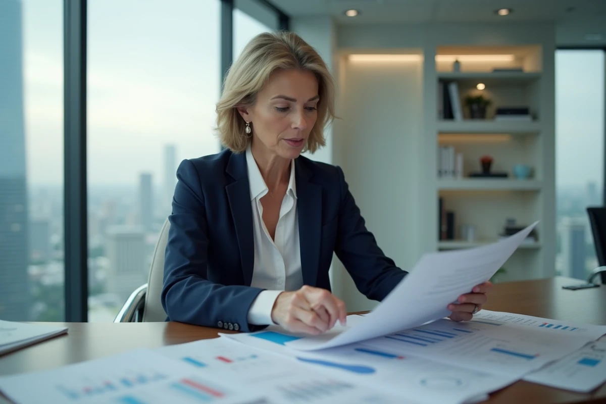 Femme d'affaires analysant les frais de cession d'un fonds de commerce dans un bureau professionnel