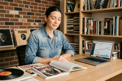 Femme analysant les données du marché des médias musicaux sur un ordinateur portable entouré de vinyles et de magazines spécialisés