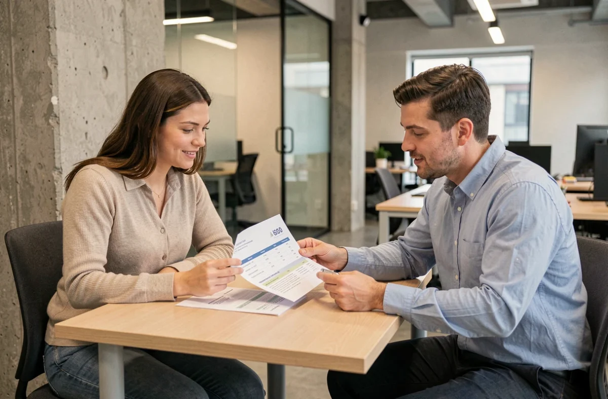Deux collègues analysant ensemble une simulation de salaire et de taux horaire en temps partiel dans un bureau