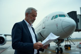 Analyste aviation examinant les spécifications techniques d'un avion commercial sur le tarmac d'un aéroport international