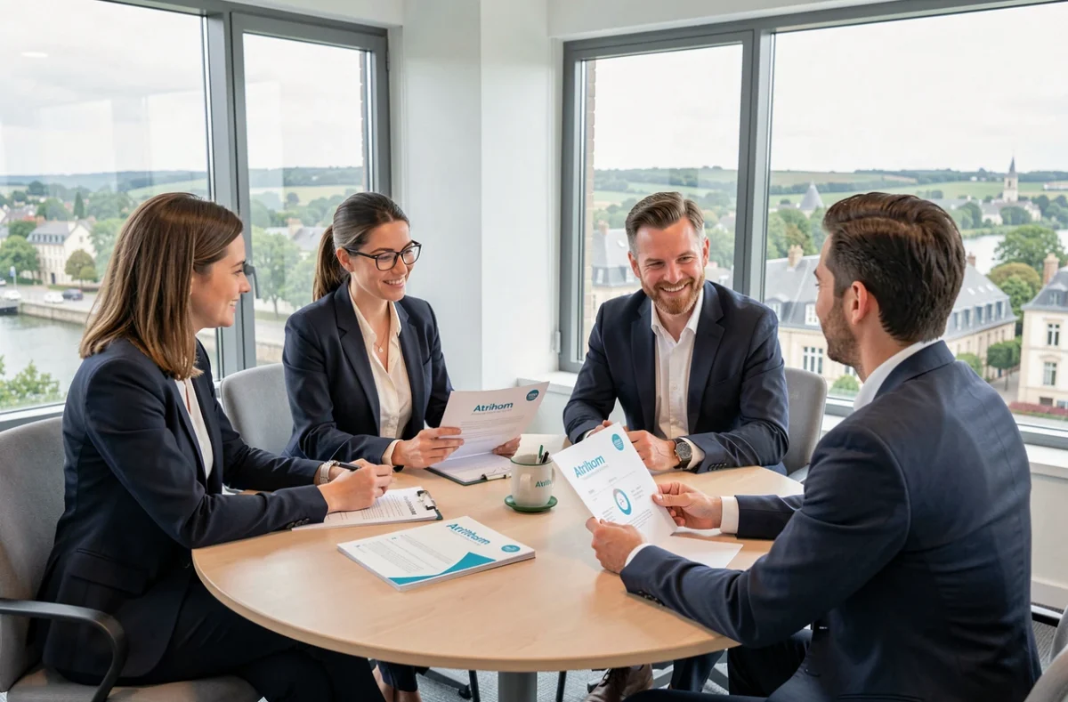 Consultants Atrihom en réunion de conseil RH avec un client dans une agence d'intérim des Pays de la Loire