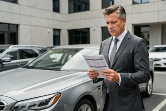 Cadre d'entreprise consultant sa fiche de paie à côté de son véhicule de fonction, illustrant l'avantage en nature voiture 2026