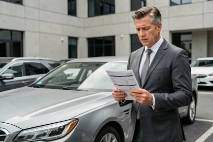 Cadre d'entreprise consultant sa fiche de paie à côté de son véhicule de fonction, illustrant l'avantage en nature voiture 2026