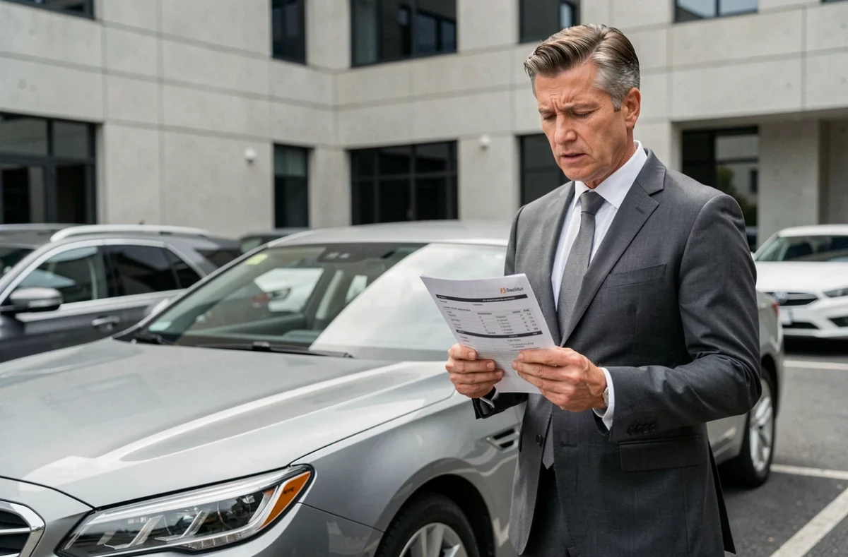 Cadre d'entreprise consultant sa fiche de paie à côté de son véhicule de fonction, illustrant l'avantage en nature voiture 2026
