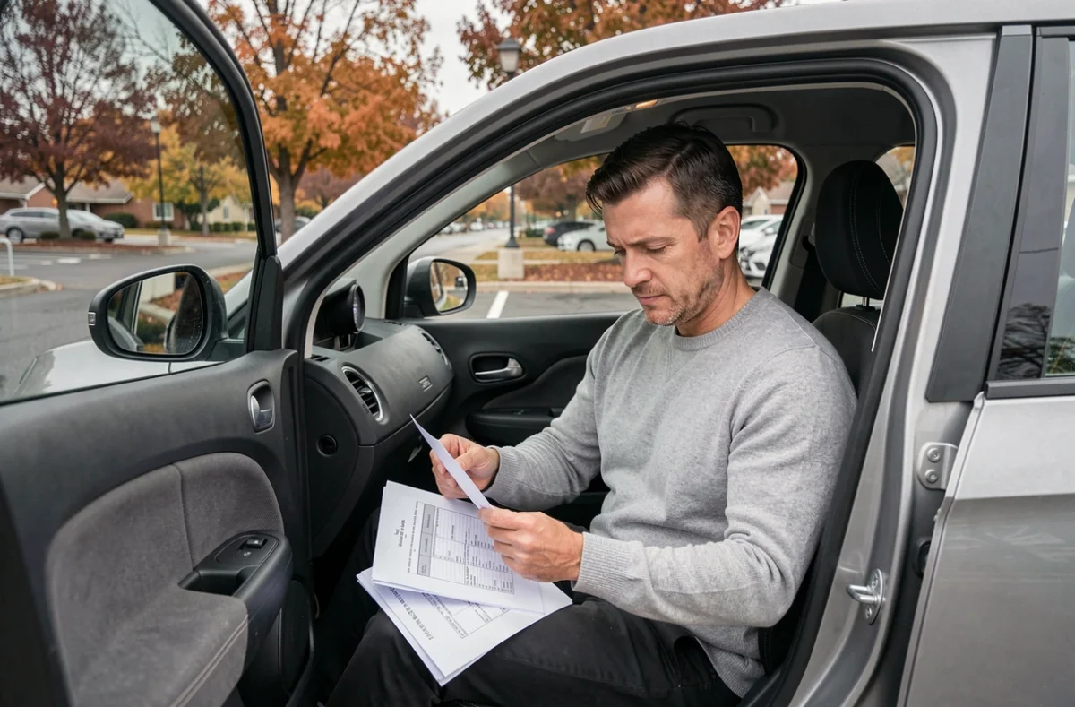 Salarié consultant le calcul de son avantage en nature véhicule de fonction dans sa voiture de société en automne
