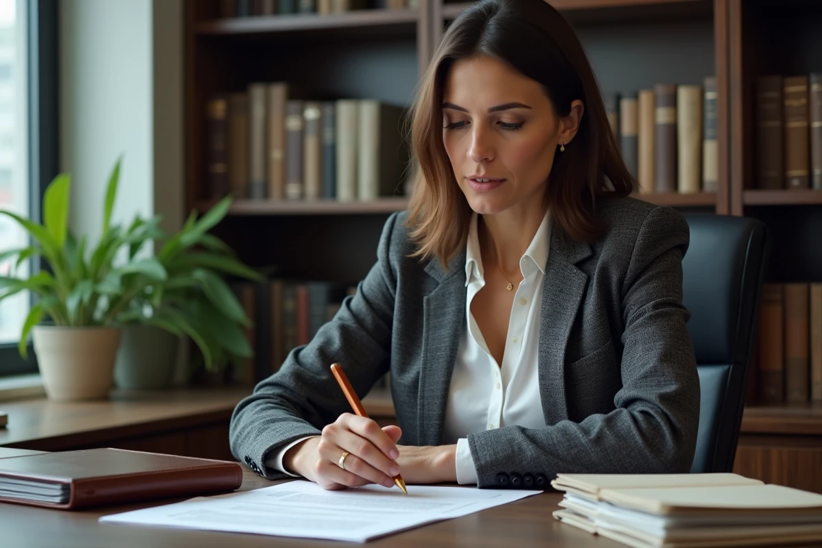 Avocate consultant des documents juridiques sur le vol en magasin dans un bureau professionnel, illustrant le cadre légal en vigueur en 2026
