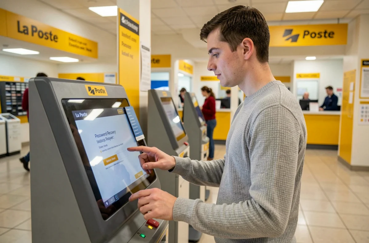 Jeune homme utilisant une borne libre-service dans une agence La Poste pour récupérer l'accès à son compte GTA après un mot de passe perdu