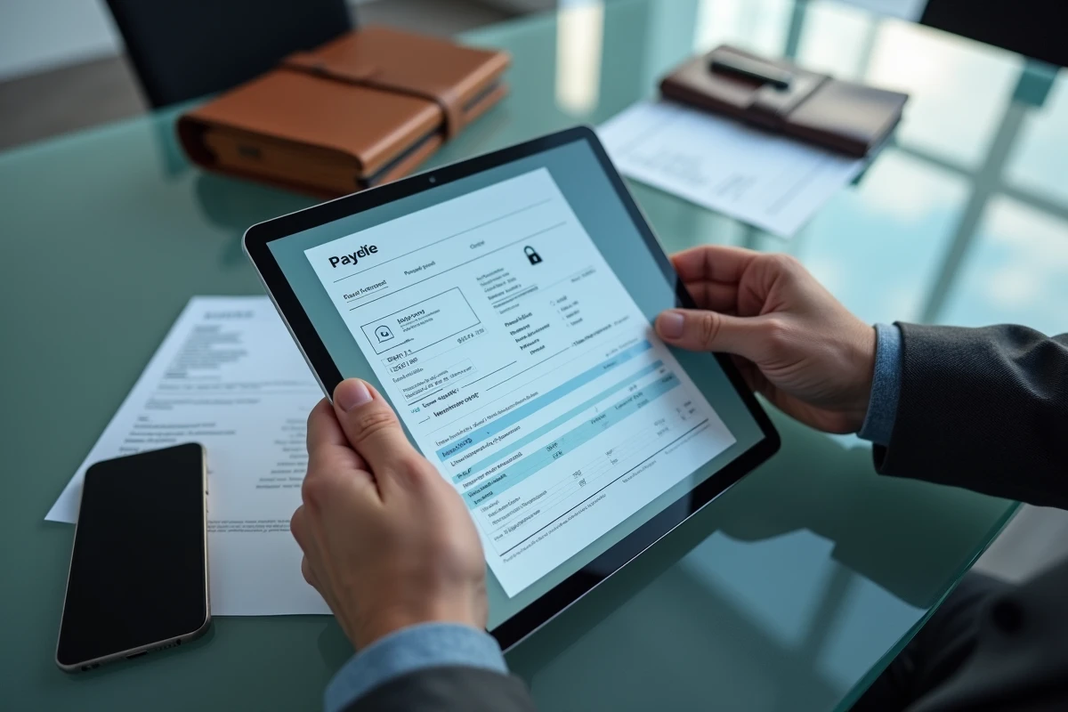 Mains tenant un bulletin de paie imprim&eacute; &agrave; c&ocirc;t&eacute; d'une tablette affichant une plateforme de paie s&eacute;curis&eacute;e en ligne