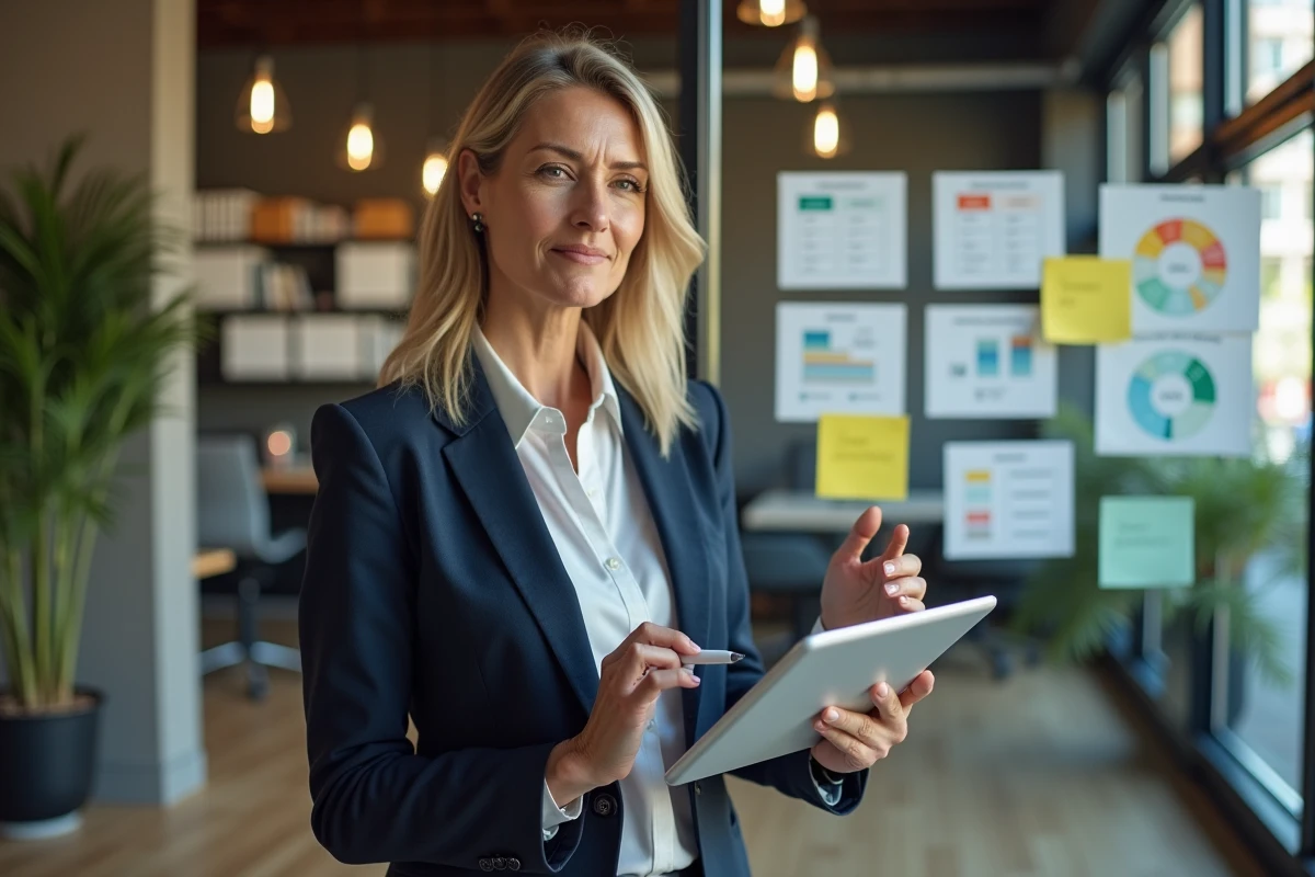 Femme cadre présentant un cadre RSE lié aux indicateurs de performance business sur une partition en verre dans un espace de coworking