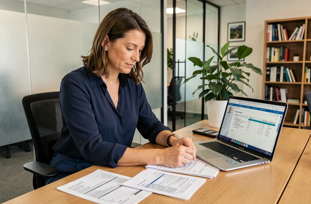 Employée analysant les documents liés à l'avantage en nature véhicule sur son lieu de travail en 2026