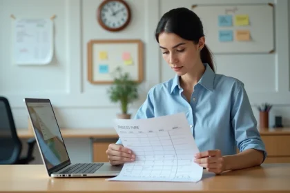 Femme au bureau calculant le nombre d'heures entre deux dates sur un planning hebdomadaire imprimé avec un ordinateur portable ouvert
