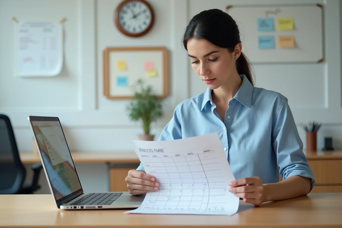 Femme au bureau calculant le nombre d'heures entre deux dates sur un planning hebdomadaire imprimé avec un ordinateur portable ouvert