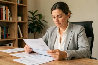 Femme en télétravail calculant son taux horaire et son salaire réel sur des documents imprimés