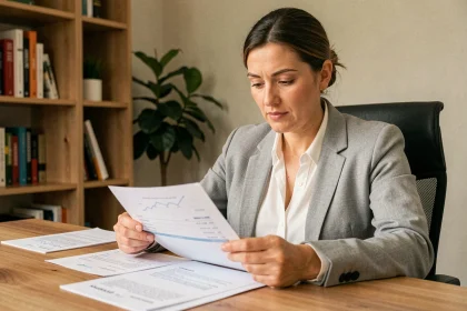 Femme en télétravail calculant son taux horaire et son salaire réel sur des documents imprimés
