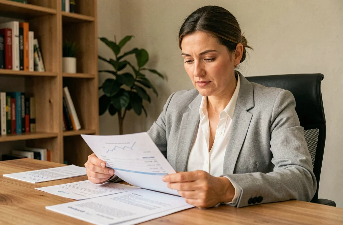 Femme en télétravail calculant son taux horaire et son salaire réel sur des documents imprimés