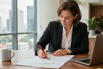 Femme cadre marquant les jours fériés et congés payés sur un calendrier annuel dans un bureau moderne
