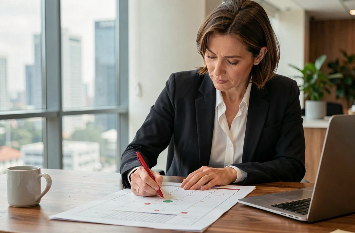 Femme cadre marquant les jours fériés et congés payés sur un calendrier annuel dans un bureau moderne