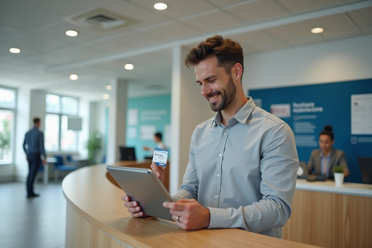 Homme consultant un portail officiel sur tablette pour sa carte professionnelle CNPAS dans un centre administratif