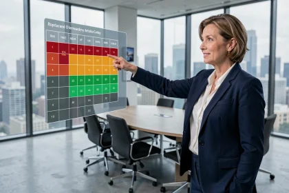 Directrice d'entreprise présentant une cartographie des risques sur écran en salle de conférence moderne