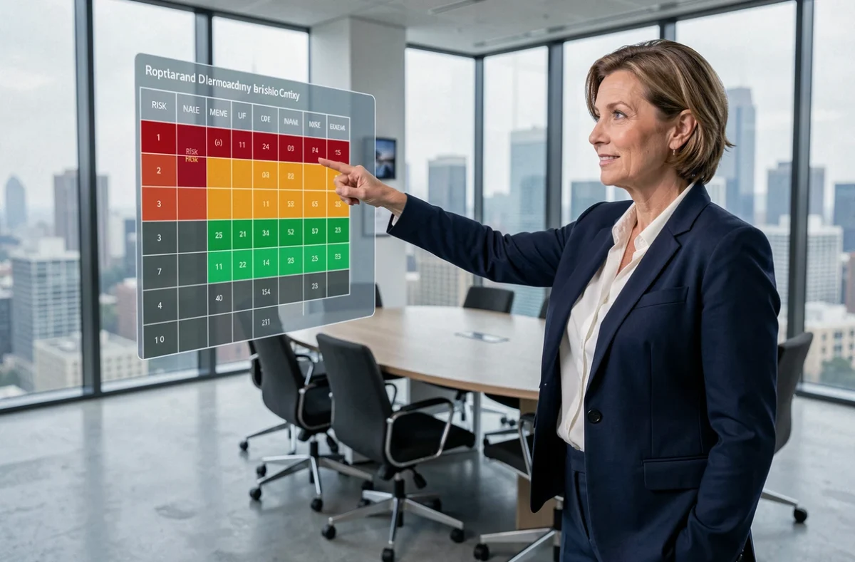 Directrice d'entreprise présentant une cartographie des risques sur écran en salle de conférence moderne