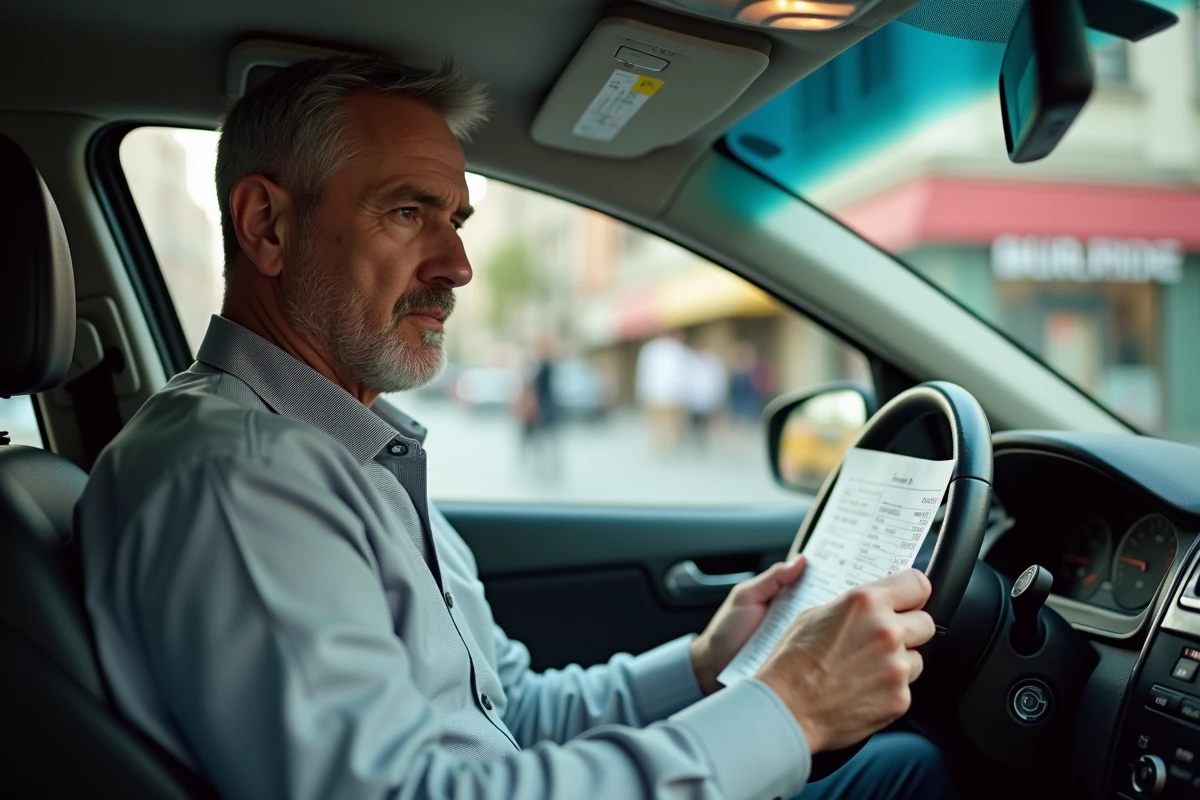 Chauffeur de taxi examinant des documents financiers liés au prix d'achat d'une licence taxi dans son véhicule