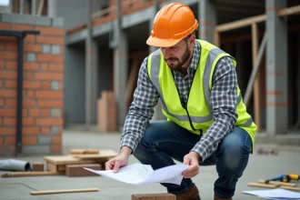 Chef de chantier en vesthivis et casque sur site de construction