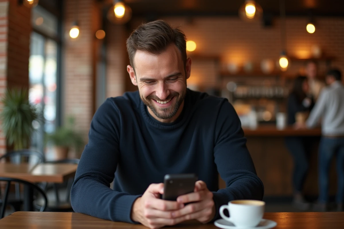 Client réservant un rendez-vous en ligne depuis son smartphone dans un café urbain