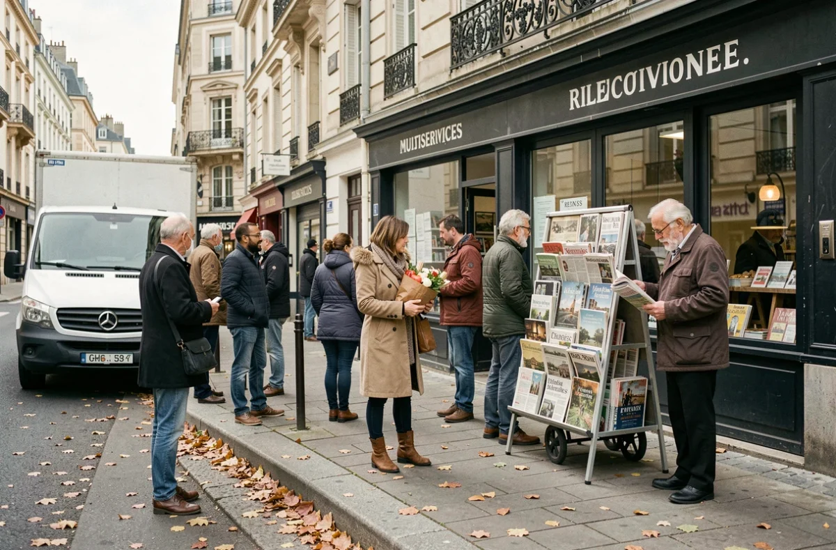 Habitants du quartier devant un commerce de proximité multiservices à Rennes illustrant la vie de quartier animée