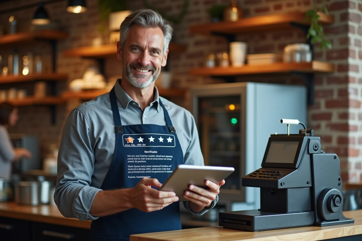 Commerçant consultant une plateforme d'avis clients sur tablette dans sa boutique pour booster ses ventes en ligne