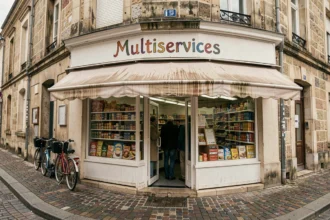 Devanture d'un commerce de proximité multiservices dans une rue de Rennes avec clientèle en mouvement