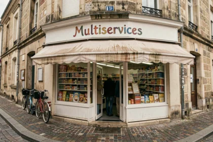Devanture d'un commerce de proximité multiservices dans une rue de Rennes avec clientèle en mouvement