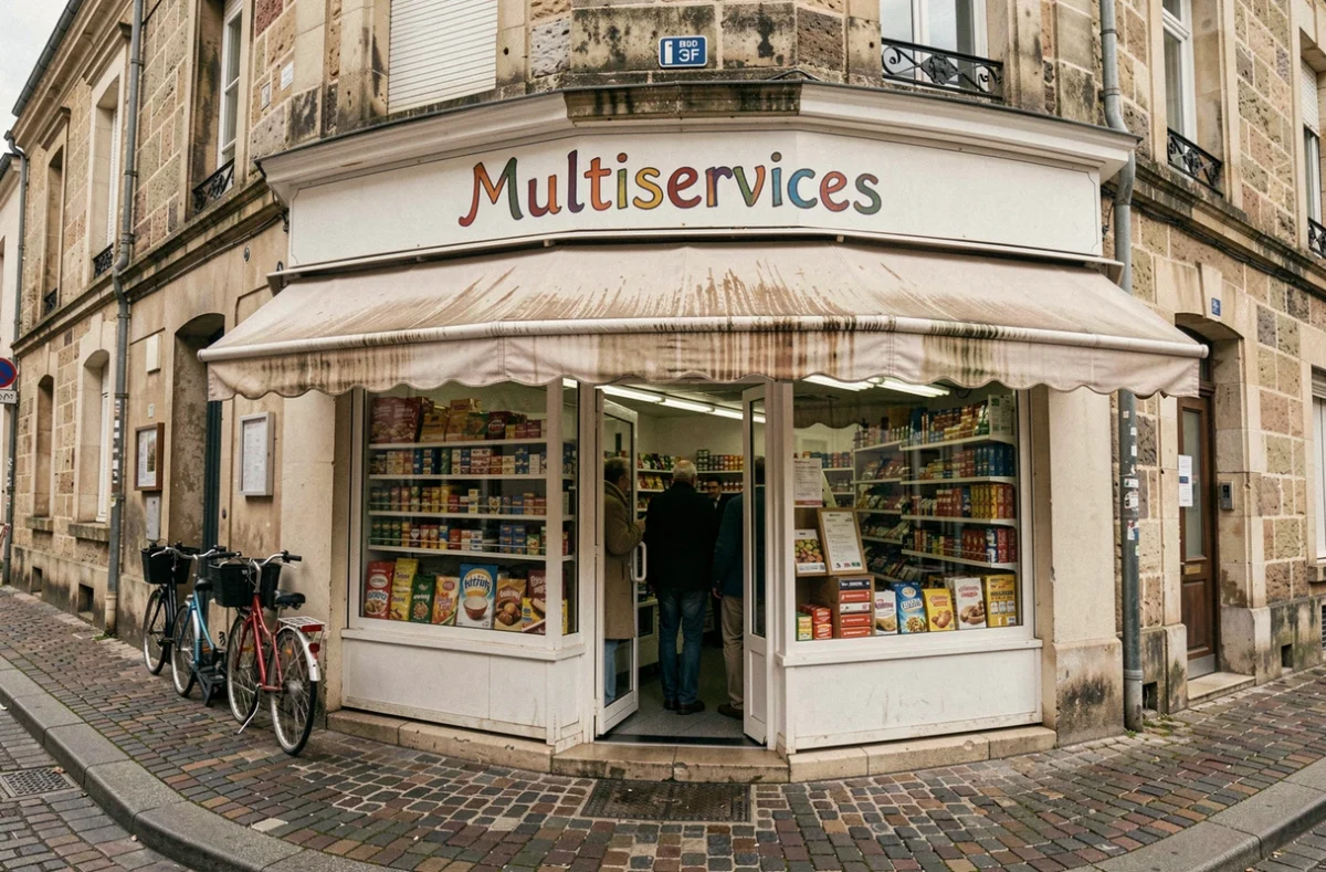 Devanture d'un commerce de proximité multiservices dans une rue de Rennes avec clientèle en mouvement